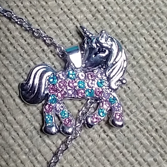 Silvertone colorful rhinestone unicorn chain necklace - Picture 4 of 6